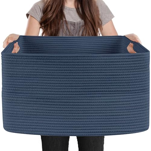 MEGASKET Extra Large Rectangle Storage Basket, 23.6" x 17" x 12" Dark Blue Blanket Storage for Living Room, Large Woven Cotton Rope Storage Box, Soft Kids Toy Basket Organizer Bin, Big Wicker Basket - color: Dark Blue, size: 23.6"x17"x12