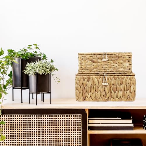 Set of 2 Wicker Baskets with Lid, Small Woven Wicker Storage Bins, Natural Water Hyacinth Basket Multipurpose Decorative Storage Boxes for Shelf Organizer (11.2" x 7.8" x 5.1" + 10" x 6.1" x 3.8") - size: 11.2" x 7.8" x 5.1" + 10" x 6.1" x 3.8"