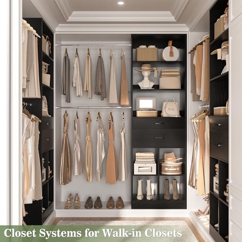 Besiost Closet System, 4-8 FT Closet Organizer Tower with 2 Wooden Drawers and Shelves, Can Fit 60 to 96 inch Walk-in Closet System with 5 Hang Rods, Built-in, Black - color: Black
