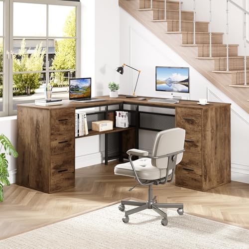 HSH L Shaped Computer Desk with File Drawers, Large Metal Wood L Shape Table with Storage Cabinet Shelves, Reversible Corner Home Office Executive Writing Study Workstation Desk, Rustic Brown, 59 Inch - color: Rustic Brown