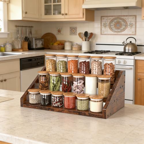 Spice Rack Organizer for Cabinet, Robust Wooden Display Riser Shelf Seasoning Organizer for Countertop Cupboard Pantry, Condiment Jar Kitchen Storage Holder Super Sturdy Stand, Rusitc Brown (3-Tier) - size: 3-Tier