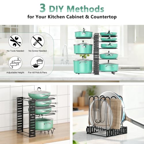 ORDORA Pots and Pans Organizer under Cabinet, 8 Tier Pot Organizers Rack Expandable 11.65" to 19.02" Height with 3 DIY Methods, Adjustable Pan Organizer inside Cabinet Kitchen Storage Organization - size: L-19.02"H-LightDuty