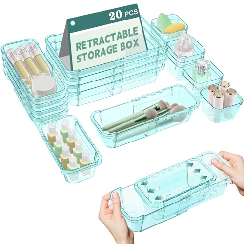 20 Pcs Clear Drawer Organizer, Adjustable Drawer Storage Box, 3-Size Desk Drawer Organizer, Acrylic Storage Bins for Makeup, Kitchen Utensils, Bedroom Dressers Tool Organizer for Gadgets, Blue - color: Blue, size: 20PCS