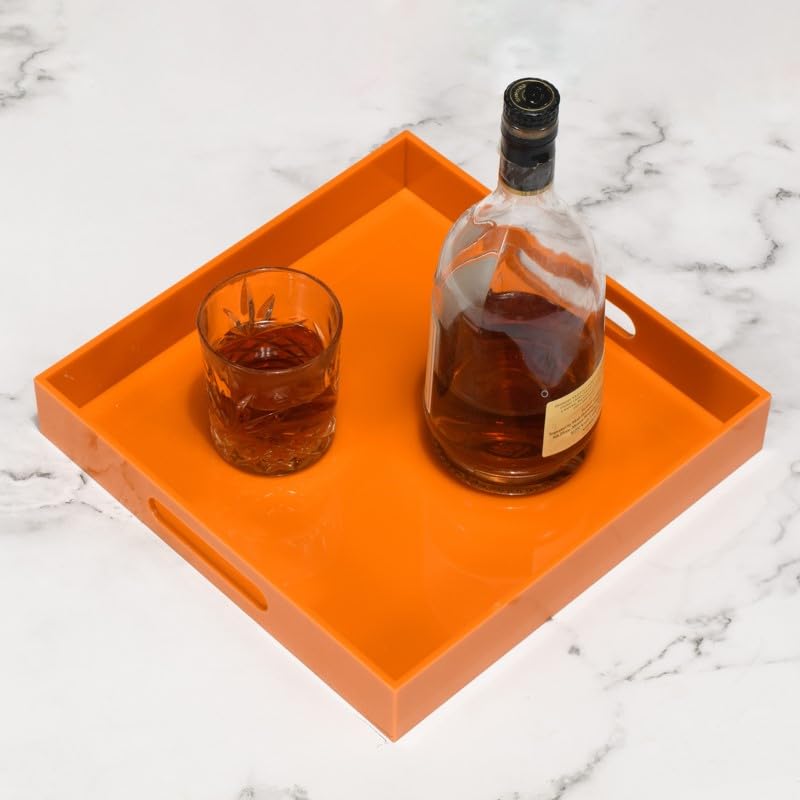 KEVLANG Orange Sturdy Acrylic Serving Tray with Handles-12x12Inch-Serving Coffee,Food,Breakfast,Butler-Kitchen Countertop Tray-Makeup Drawer Organizer-Vanity Table,Ottoman Tray-Decorative Tray - color: Glossy Orange, size: 12" x 12" x 2"