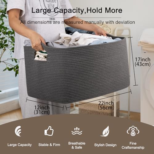 OIAHOMY Large Blanket Basket,Storage Basket with Handle, Blanket Basket for Living Room, Rectangle Woven Cotton Rope Basket for Bedroom, Toy Baskets Organizer Bins, 22" x 17" x 12" in, Dark Grey - color: Dark Grey, size: 22”x17”x12”