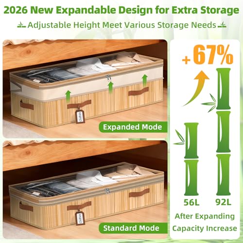 Livole Bamboo Under Bed Storage, 6-10 inches Height Adjustable Underbed Storage Containers, 92L XXXL Large Under Bed Storage Bins with Clear Lid & Label for Clothes, Blankets, Sweater, Shoes, 1 Pack - size: Expandable - 10"H