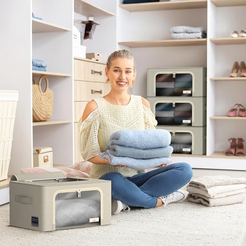 Sorbus Storage Bins with Metal Frame - Stackable & Foldable Clothes Organizer Bags - Oxford Fabric Storage Containers with Large Clear Window & Carry Handles, Bedroom Organization for Bedding & Linen - color: Beige, size: 4 Pack