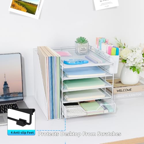 Desk Organizer, 5-Tier Paper Letter Tray Organizer with File Holder, Drawer and Pen Holder, Desktop Organizer for Office Supplies, White - color: White