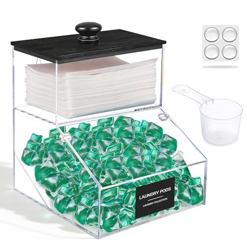 2 in 1 Dryer Sheet Holder & Laundry Pods Container, Laundry Detergent Organizer Container with Lid, Acrylic Laundry Room Organization Storage Containers with Labels, Dishwasher Pod Holder - color: Black - New 1