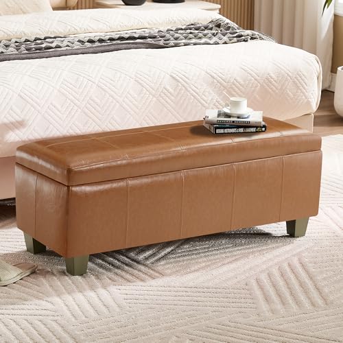 WUTUTUEE 41" Faux Leather Storage Ottoman, Stitch Tufted Rectangle Upholstered End of Bed Storage Bench, Entryway Large Couch Ottoman with Wooden Legs, Light Brown - color: Light Brown, size: 41 Inch