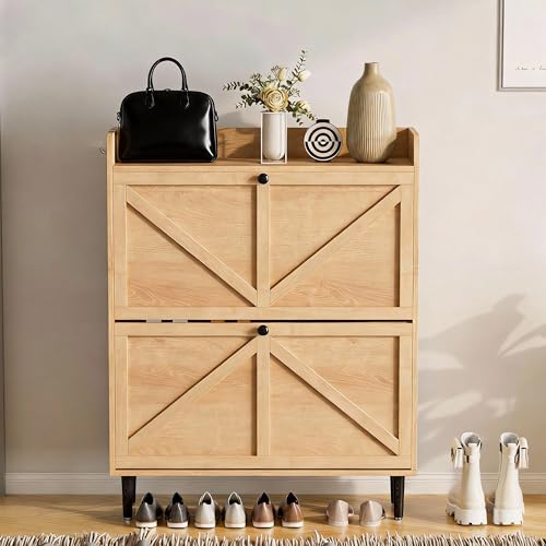 VDNEND Shoe Storage Cabinet for Entryway with 2 Flip Drawers，Narrow Shoe Cabinet with Soild Wood Legs，Freestanding Hidden Shoe Organizer for Foyer, Hallway (1, Natural Oak) - color: Natural Oak