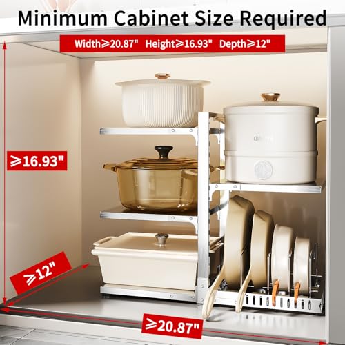 PureBox Pots and Pans Organizer Rack with Lid Holder – 8 pots, 304 Solid Stainless Steel Shelves Heavy Duty Adjustable Under Cabinet Pot Rack, Double-Sided Cabinet Organizer, Holds 100Lbs, Silver - color: Silver