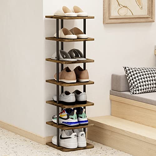 AZERPIAN Shoe Rack 7 Tier Vertical Storage Organizer Narrow Metal Slim Shelf Modern Free Standing Shoe Tower Saving Space for Closet Entryway Bedroom,Black+Rustic Brown - color: Black+rustic Brown, size: 7 Tier