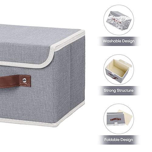 ANMINY Storage Bin with Lid Storage Boxes with PU Leather Handles PP Plastic Board Decorative Foldable Lidded Cotton Linen Fabric Home Cubes Baskets Closet Organizer Container - Gray, Small Size - color: Gray, size: Small (Pack of 1)