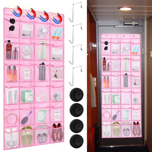 CTTZCKJ Over The Door Organizer For Cruise Ships|Magnetic Door Organizers with 24-Pocket for Cruise Ship|55"x21"|Cruise Over the Door Organizer,Magnetic Shoe Rack for Cruise,Behind-Door Storage - color: pink