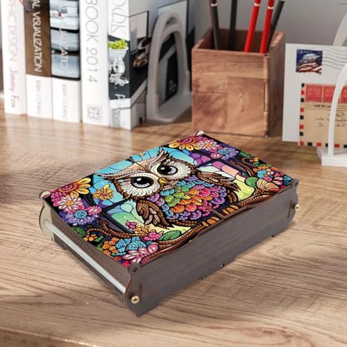 antor DIY Diamond Painting Wooden Storage Box, Owl Creative Special Shaped Rhinestone Art Flip Cover Jewelry Organizer Gift Case, Handmade Art Desktop Decor - color: Colorful Owl