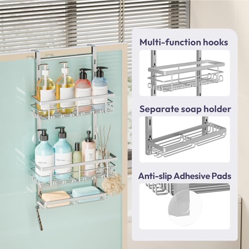 SWTYMIKI Over The Door Shower Caddy - 3 Tier Rustproof Hanging Shower Organizer with Adjustable Shelves, 28 Hooks & Soap Holder, Hanging Shower Rack Storage for Bathroom Accessories, Silver - color: Silver-3 Tier