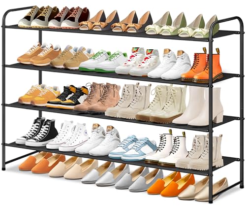 SLEEPING LAMB Long 4-Tier Shoe Organizer for Closet, Stackable Wide Shoe Rack Holds 30-Pairs Low Shoe Shelf Storage for Bedroom, Floor, Entryway(Black) - color: Black, size: 11.4 x 42.5 x 32.4