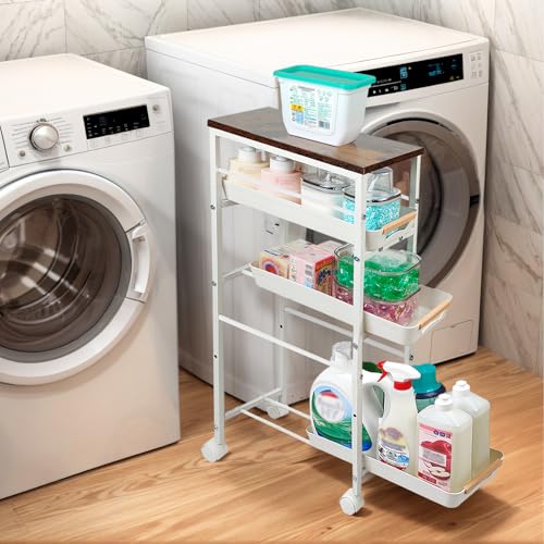 5 Tier Slim Rolling Storage Cart with Wood Top, Narrow Laundry Room Organizer for Tight Gaps, Metal Bathroom Gap Filler, Kitchen Pantry Trolley, Small Spaces (White) - color: White