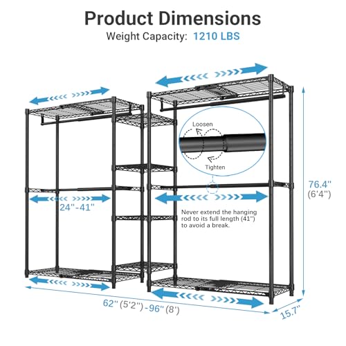VIPEK X3 Expandable Heavy Duty Clothes Rack Adjustable from 5'2" to 8' with Adjustable Shelves and Hanger Rods, Large Freestanding Clothing Racks Reach-in & Walk-in Closet, Max Load 1210LBS, Black - color: Black, size: X3