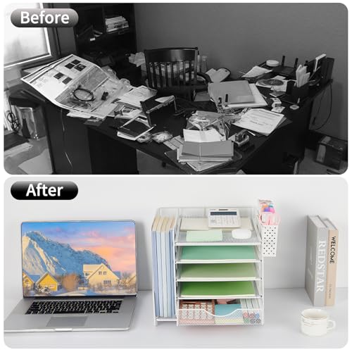 Desk Organizer with Drawer and Pen Holder, 5-Tier Paper Letter Tray Organizer with File Holder, Suitable for Workspace Organizer Office Supplies Storage (White) - color: White