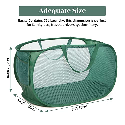 Sturdy Mesh Pop Up Laundry Hamper, Collapsible Laundry Baskets with Side Pocket, Foldable Clothes Hamper with Reinforced Carry Handles for Laundry, Bathroom, Kids Room, Dorm or Travel 2 Pack Emerald - color: 2 x Emerald