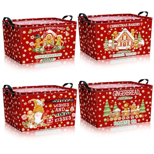 4 Pack Christmas Storage Bin Collapsible Large Christmas Gingerbread Man Storage Baskets for Gifts Canvas Laundry Basket Foldable Box with Handle for Office Home Bedroom Clothes Toys Decor - style: Gingerbread Man