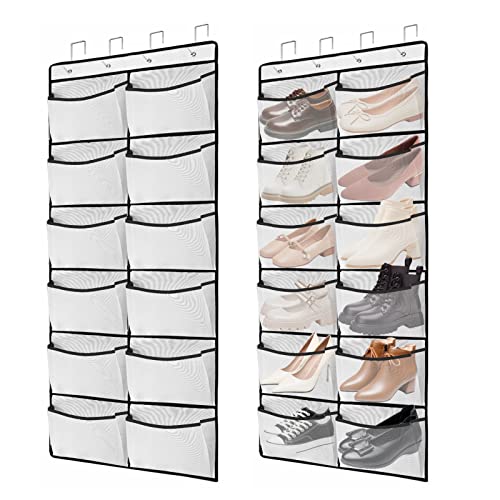 2 Packs Over the Door Shoe Organizer, 24 Extra Large Mesh Pockets Hanging Shoe Boots Rack Holder, Closet Hanging Organizers for Storage Sneakers High Heeled Shoes Slippers (White) - size: 24 Pockets