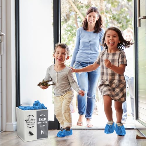 Shoe Cover Box Dispenser Foldable Storage Bin Holder with Used Shoe Covers and Welcome Please or Remove Sign for Open House Supplies(Beige, Gray) - color: Beige, Gray