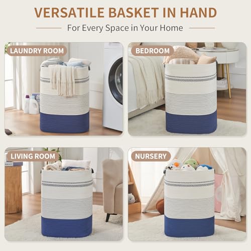 AINUOQI Large Laundry Basket - Tall Woven Rope Laundry Hamper with Leather Handles - Dirty Clothes hamper for Living room, Bedroom, 17" X 13.8" X 22", Dark Blue & White - color: Dark Blue & White, size: 85L