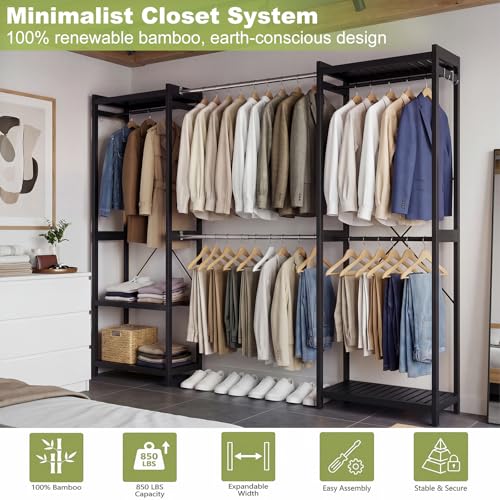 Homykic Bamboo Closet System, 71"-91" Expandable Clothing Rack with 5 Hanger Rods & Shelves, 6.6ft Tall Garment Rack Organizer for Walk-in Closet Bedroom, Max Load 850LBS, Easy to Assemble, Black - color: Black, size: 91"Wx14.2"Dx79"H