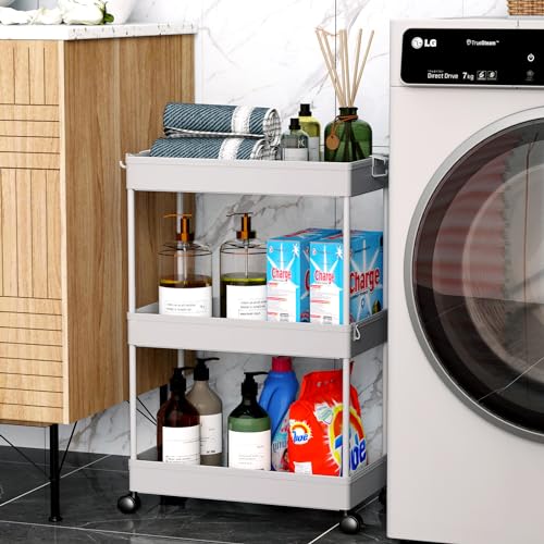 SPACEKEEPER Rolling Storage Cart 3 Tier Bathroom Cart Organizers with Wheels Laundry Room Organization Mobile Shelving Unit Utility Cart Storage Shelves Multi-Functional for Office, Home, Gray - color: Grey, size: 3 Tier