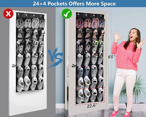 MISSLO 28 Large Pockets Hanging Shoe Organizer Over The Door Shoe Rack for Closet Door Storage Mesh Shoe Holder Hanger for Men, Black - color: Black, size: 22.6x65