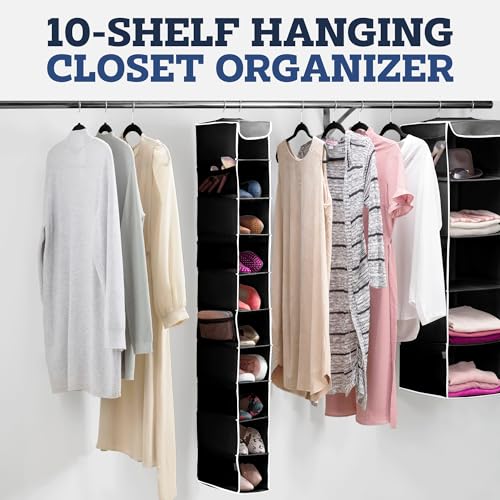 ZOBER Hanging Closet Organizer, 10-Shelf - Hanging Storage Organizer Shelves for Clothes, Towels, Toys - College Dorm Room, Nursery, & Home Closet - color: Black, size: 10-Shelf