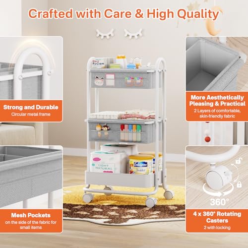 Modanais Baby Diaper Caddy Organizer Cart - 3 Tier Rolling Storage Cart with Wheels, Baby Essentials for Nursery Storage, Detachable Dividers - for Crib, Bedroom, Art & Craft Organizer (Light Gray) - color: Light Gray