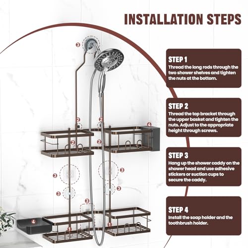 REINHARDT Adjustable Shower Caddy Hanging Rustproof Shower Caddy for Handheld Showerheads, Shower Organizer with Hooks Soap Holder, Anti-Swing Shower Rack Bathroom Accessories, Bronze - color: Bronze
