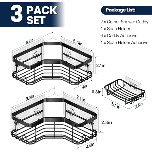 MAXIFFE 3 Pack Corner Shower Caddy with Soap Holder, Large Capacity Sturdy Adhesive Stainless Steel No Drilling Shower Organizer Shelves Rack Storage Inside Shower for Bathroom Family Renters, Black - color: Black XL