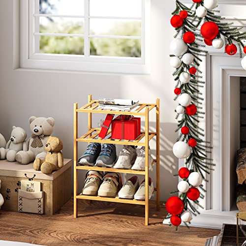 Small Shoe Rack, 4-Tier Bamboo Stackable Shoe Shelf Storage Organizer, Shoe Stand for Closet, Entryway and Hallway - color: Natural, size: 4-Tier-Short