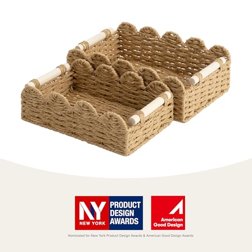 StorageWorks Toilet Paper Storage Basket, Living Room Organizers and Storage, Toilet Paper Basket with Wooden Handles, Small Paper Rope Scalloped Basket, Brown - color: Paper Rope(Brown), size: 11¾" L × 7¾" W × 4" H