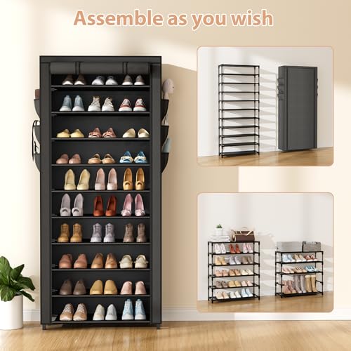 VTRIN Vertical Narrow Shoe Rack Organizer Tall Shoe Rack for Closet Entryway 10 Tier Non-Woven Cover Shoe Shelf Holds 36-41 Pairs Free Standing Shoe Storage Cabinet with Dustproof Cover, Black - color: Black, size: 24.8"W x11.8"D x 68.9"H