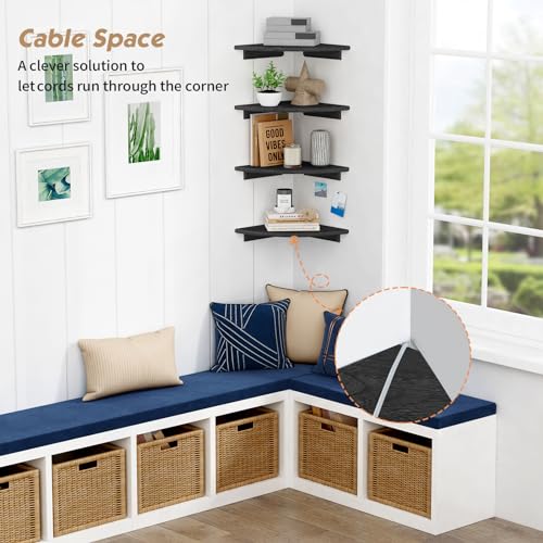 Forbena Black Floating Corner Bookshelf for Wall Set of 4, Large Corner Plant Shelves for Living Room, Rustic Rounded Hanging Bookshelves Wall Mounted for Bedroom Books, Kitchen, Closet, Office - color: 4. Black, size: 12" Depth