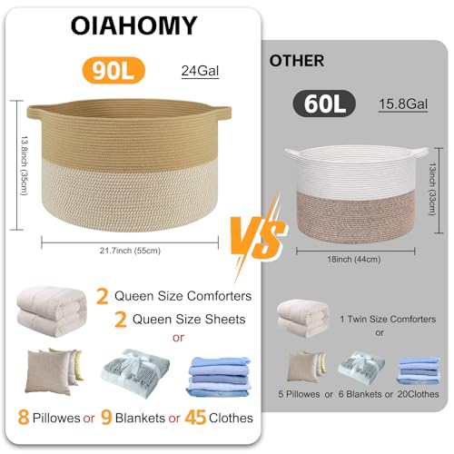 OIAHOMY 90L XXXLarge Blanket Basket for Living Room, 21.7" x 13.8" Woven Cotton Rope Laundry Basket for Organizing Pillows, Decorative Stuffed Animal Toy Storage Bin for Nursery, Jute and White - color: Jute and White, size: 21.7"D x 13.8"H