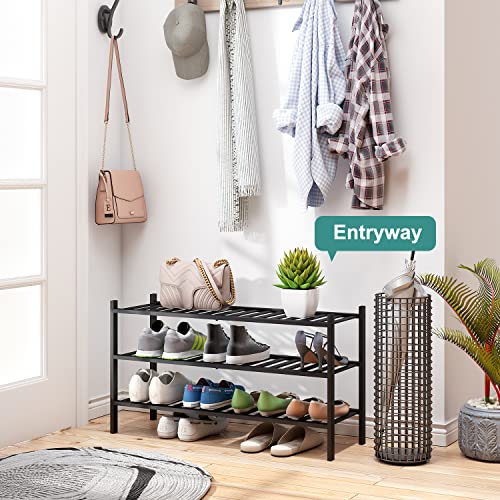 viewcare 3-Tier Long Black Shoe Rack, Bamboo Wood Shoe Rack for Closet, Entryway & Hallway, Stackable | Functional | Sturdy - color: Black, size: 3-Tier Long