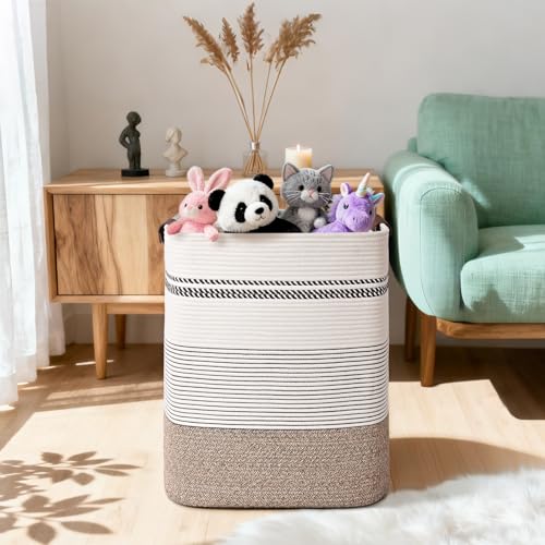Laundry Hamper, 95L Tall Laundry Basket with Leather Handles, Rectangle Large Clothes Hamper for Organizing, Cotton Woven Laundry Baskets Storage Hampers for Bedroom, Nursery, Living Room - color: Rice Brown & White, size: 95L