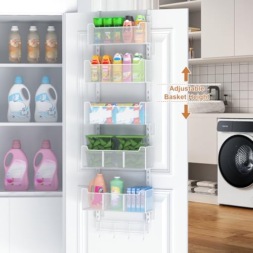 VyGrow Over The Door Organizer, Metal Door Organizer Hanging with 5 Adjustable Baskets and Coat Hook, Behind The Door Storage for Bedroom Closet Bathroom Pantry Cabinet Kitchen, White - color: White, size: 5-Tier