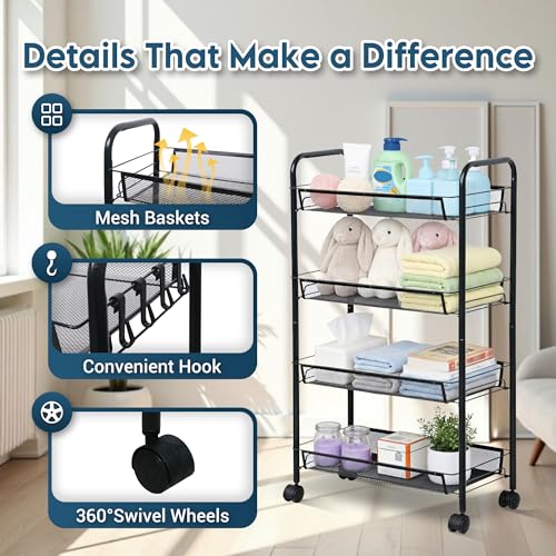 LOFTEY 4 Tier Rolling Storage Cart, Small Metal Utility Cart on Wheels, Rolling Organizer Carts for Kitchen, Bathroom, Laundry Room, Office, Easy No-Tool Assembly, Black