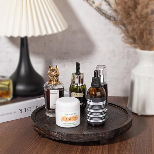 Round Decorative Tray Wood Bathroom Counter Organizer Farmhouse Kitchen Decor Wooden Riser for Soap Dish, Perfume, Candle, Sponge, 10" - Dark Brown - color: Dark Brown, size: 10"