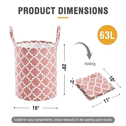 TECHMILLY 63L Large Laundry Basket with Long Handles, Collapsible Kids Laundry Hamper, Toy Storage Basket for Nursery, Bedroom Decor for Baby Girls and Boys (Pink Lattice) - color: Pink Moroccan Lattice, size: 1 Pack