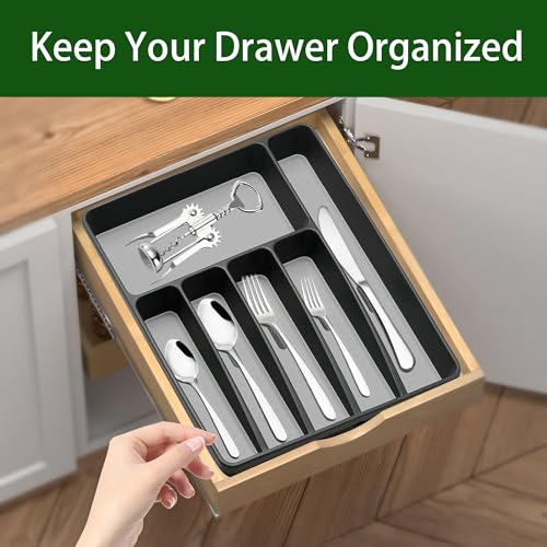 Loyareal Silverware Organizer Utensil Organizer Holder Kitchen Drawer Organizer Plastic Silverware Tray for Drawer Flatware Organizer 6 Compartment Black - color: Black, size: 6 Slots