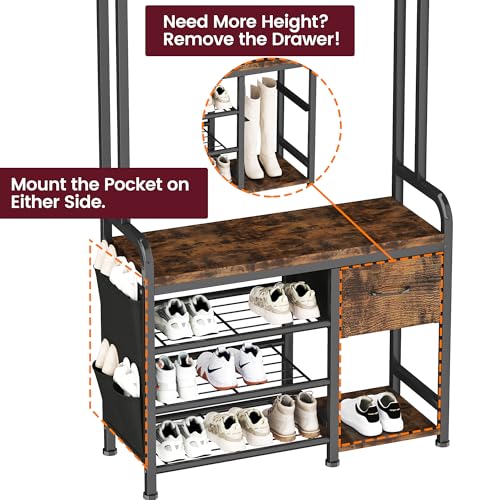 Homeiju Hall Tree with Bench and Shoe Storage, 3-in-1 Entryway Organizer with 6+2 Hooks, Coat Rack with Adjustable Feet for Stability, Mudroom Furniture with Storage Shelf
